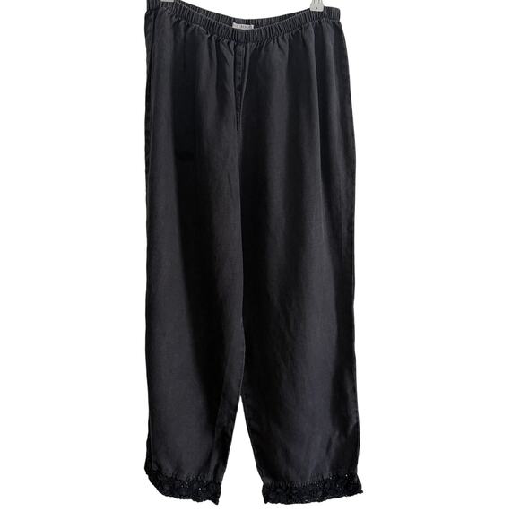 RUSS BERENS Malibu | 90s Vintage Black Linen Lace Trim Cropped Pants | Small - Picture 1 of 6